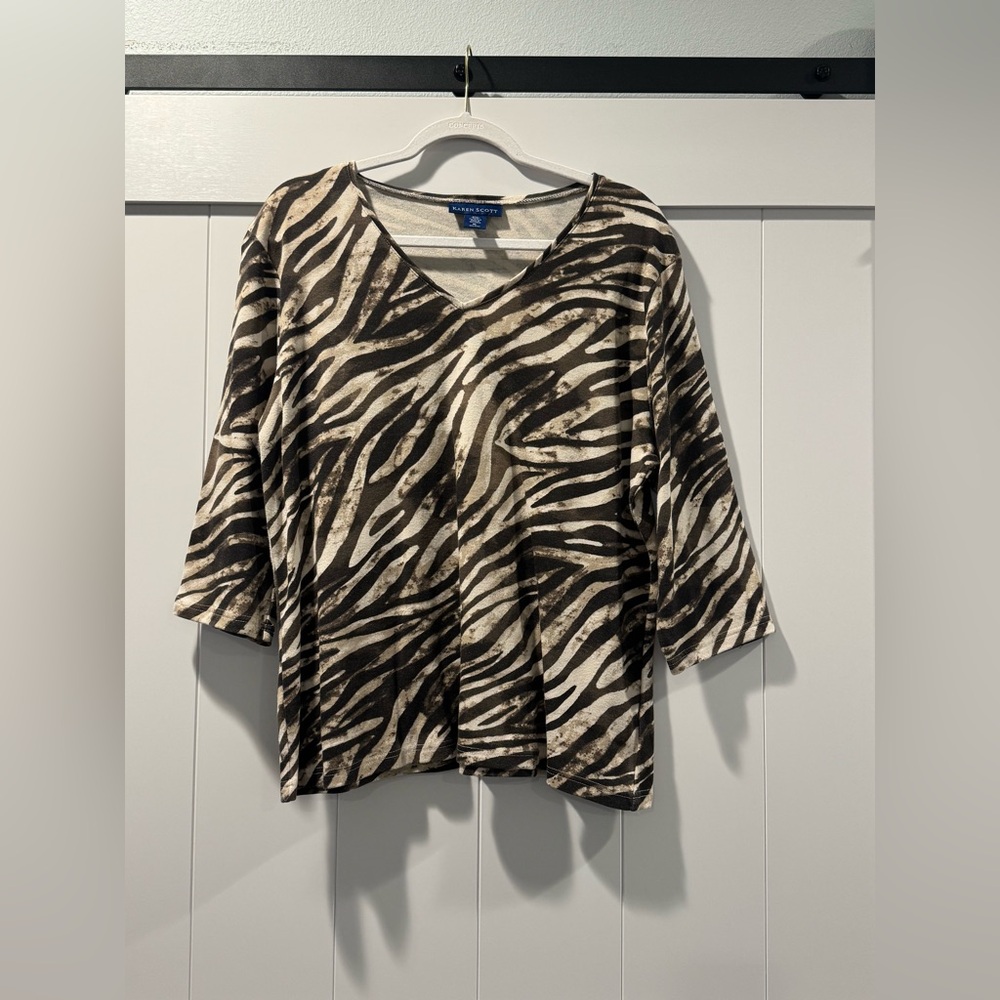Zebra Print V-Neck Top - Brown and Black